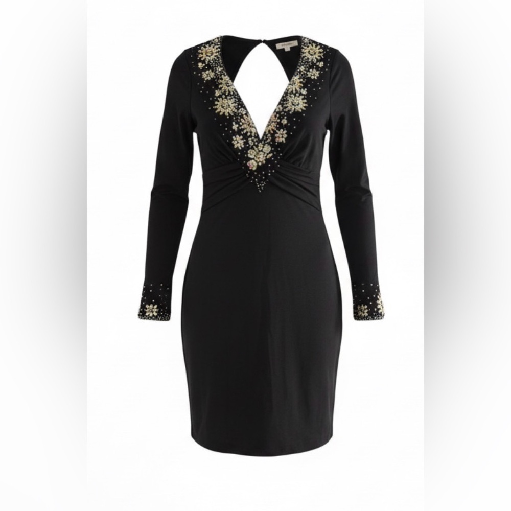 Holiday party ready Jovani Black Long Sleeve Backless Dress Embellishments 0
